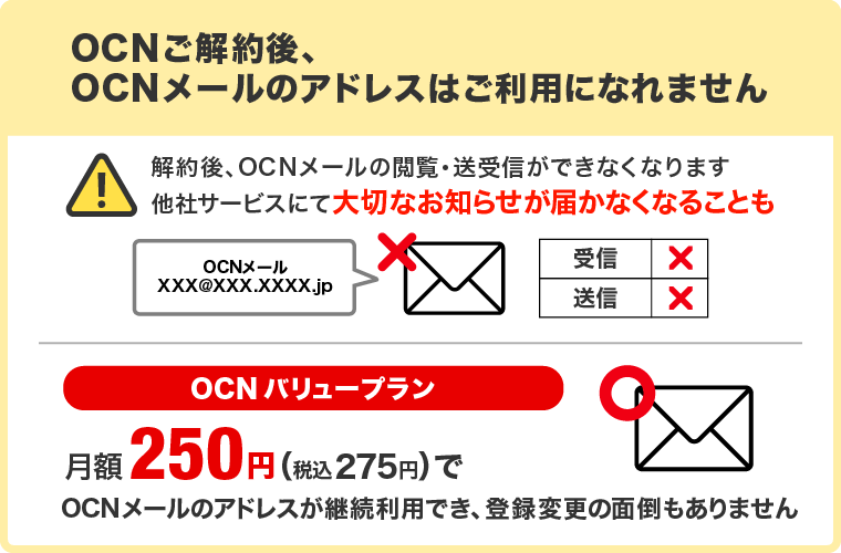 OCN解約後、OCNメールのアドレスはご利用になれません。他社サービスにて大切なお知らせが届かなくなることも。OCN バリュープランなら月額250円（税込み275円）でOCNメールのアドレスが継続利用でき、登録変更の面倒もありません。